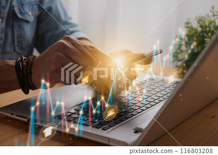 Casual Businessman Touch Smartphone or Mobile Phone and Slant Color Stock Graph and Online Products Casual Businessman Touch Smartphone or Mobile Phone and Slant Color Stock Graph and Online Products 116803208