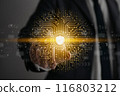 Businessman Finger Touch Screen and Shield Security System Sign 116803212