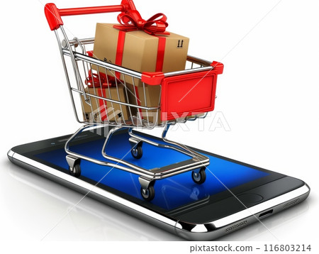 Shopping cart full of gift boxes standing on smartphone online shopping concept 116803214