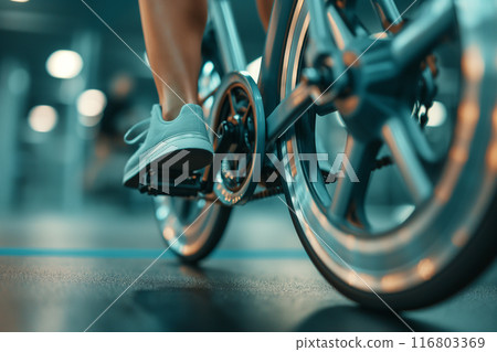 Close-up of Spin Bike Pedals and Resistance Knob 116803369