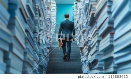 Businessman ascending stairs while carrying stacks of files and documents, signifying dedication and perseverance 116803615