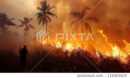 Firefighters walking away from burning grassland with palm trees in the background during el nino drought 116803620