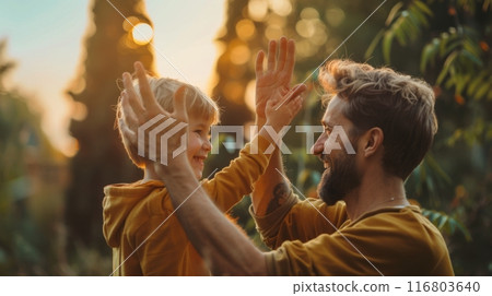 Father and son enjoying outdoor playtime on a sunny summer evening 116803640