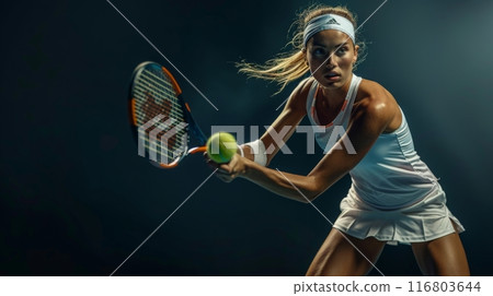 Professional female tennis player is hitting the ball with power and focus during a match 116803644