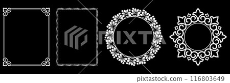 Set of decorative frames Elegant vector element for design in Eastern style, place for text. Floral black and white borders. Lace illustration for invitations and greeting cards. 116803649