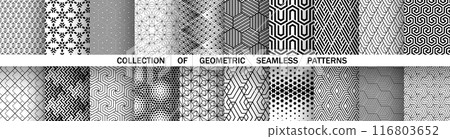 Geometric set of seamless black and white patterns. Simple vector graphics. Geometric set of seamless black and white patterns. Simple vector graphics. 116803652