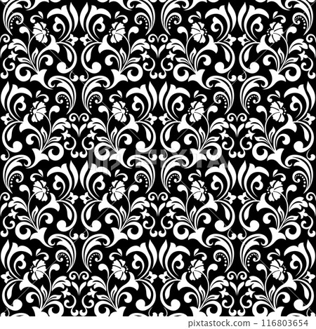 Floral pattern. Vintage wallpaper in the Baroque style. Seamless vector background. White and black ornament for fabric, wallpaper, packaging. Ornate Damask flower ornament. 116803654
