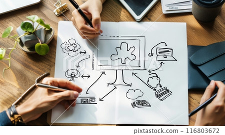 Business team planning a project and drawing a flowchart during a meeting Business team planning a project and drawing a flowchart during a meeting 116803672