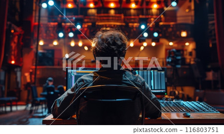Sound engineer sitting in empty auditorium working on audio mixing console with computer 116803751