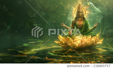 Illustration of goddess lakshmi meditating on a lotus flower, radiating light and prosperity Illustration of goddess lakshmi meditating on a lotus flower, radiating light and prosperity 116803757