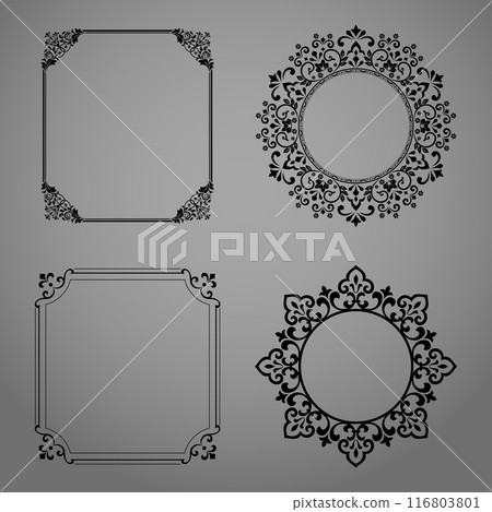 Set of decorative frames Elegant vector element for design in Eastern style, place for text. Floral black and gray borders. Lace illustration for invitations and greeting cards Set of decorative frames Elegant vector element for design in Eastern style, place for text. Floral black and gray borders. Lace illustration for invitations and greeting cards 116803801