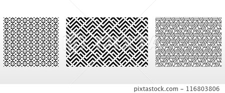 Geometric set of seamless black and white patterns. Simple vector graphics. 116803806
