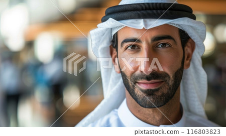 Confident middle eastern businessman smiling in an office setting for a portrait 116803823