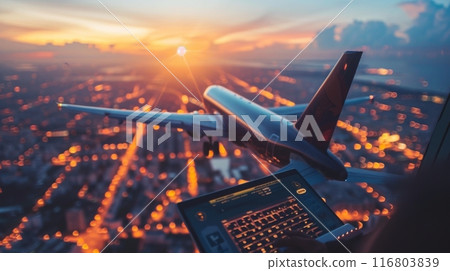 Pilot using a laptop while flying an airplane over a city at sunset 116803839