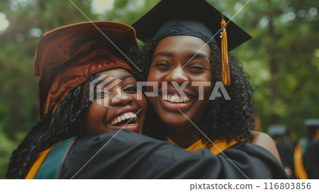 Two young women are hugging and smiling during their graduation ceremony 116803856