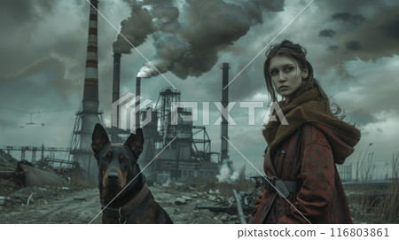Young woman and her dog in a barren industrial landscape, showcasing the environmental effects of pollution 116803861