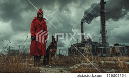 Woman and her german shepherd dog posing in front of a polluting factory on a cloudy day 116803864