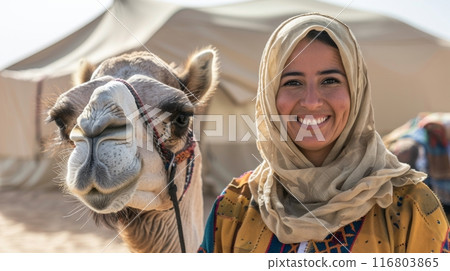 Tour guide woman in traditional attire poses with a camel and smiles in the desert 116803865