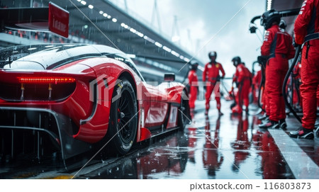 Red race car entering pit stop in the rain with the pit crew ready for action 116803873