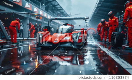 Red race car entering pit lane for a tire change in a wet motorsport race 116803874