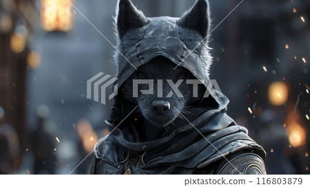 Anthropomorphic black wolf wearing a hood in a fantasy setting, with embers flying in the air 116803879