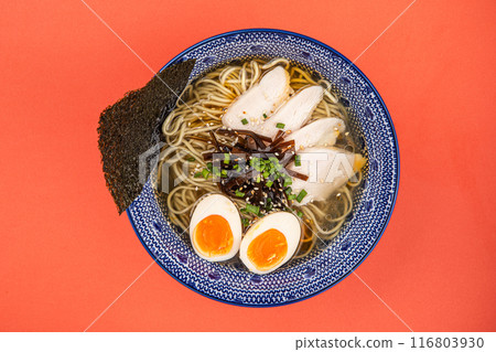 Portion of japanese ramen with chicken and egg 116803930