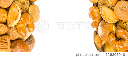 Croissants and sweet pastries isolated on white. Free space for text. Wide photo. Collage. Croissants and sweet pastries isolated on white. Free space for text. Wide photo. Collage. 116803940