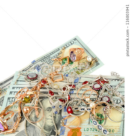 American dollars and jewelry isolated on white. Free space for text. American dollars and jewelry isolated on white. Free space for text. 116803941