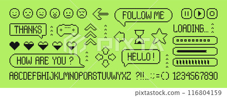 Pixel dialogue boxes, speech bubbles, buttons, letters and numbers, retro game icons Pixel dialogue boxes, speech bubbles, buttons, letters and numbers, retro game icons 116804159