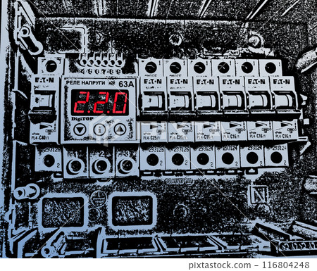 In-apartment electrical panel.Electrical communications. Modular electrical panel disconnectors. Illustrative. In-apartment electrical panel.Electrical communications. Modular electrical panel disconnectors. Illustrative. 116804248