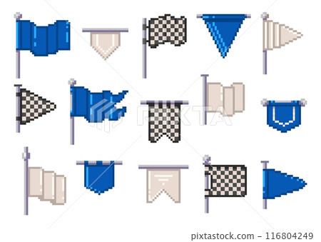 8-bit flag pixel icons. Retro pixel flags icon wavy banner and pole, old school game flat style, vintage 8 bit retro flagpole with pennant. Vector 8-bit flag pixel icons isolated set 8-bit flag pixel icons. Retro pixel flags icon wavy banner and pole, old school game flat style, vintage 8 bit retro flagpole with pennant. Vector 8-bit flag pixel icons isolated set 116804249