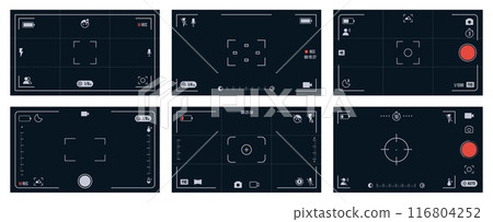Mobile camera viewfinder. Smartphone viewfinders screen mobile camera with photo and video settings, grid, grid, focus, exposure, zoom and flash icons. Vector overlay for phone camera viewfinder 116804252