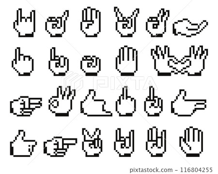 Pixelated hand icons. Human fingers cursor symbols with different gestures, internet computer mouse cursor signs. Vector isolated set. Pixelated hand icons. Human fingers cursor symbols with different gestures, internet computer mouse cursor signs. Vector isolated set. 116804255