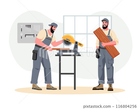 Man carpenter works in workshop. Male making furniture. Joiner with construction equipment. Industrial instruments. Woodwork studio. Handyman holding wood plank professional occupation vector concept 116804256