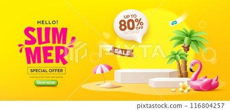 Summer podium display, Pink flamingo inflatable swimming pool, coconut trees, pile of sand, beach umbrella, banner design 116804257
