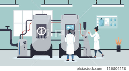 Water purification process. Engineer water management. Industrial Wastewater Treatment process in factory plant, ecology sewage treatment cartoon concept isolated vector illustration 116804258