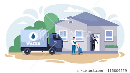 Water delivery. Clean drinking water service. Smiling man in uniform carrying plastic bottle to customer. Delivery truck. Water delivery service vector concept 116804259