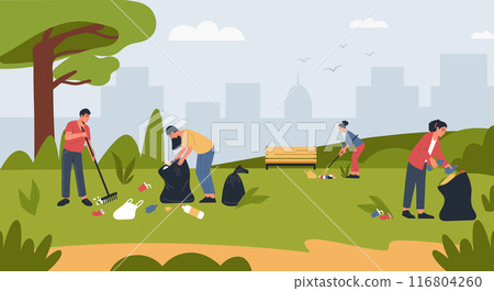 People cleaning up city park. Boys and girls collecting plastic garbage together use rake. Team of active kids pickup rubbish into bags. Protection environment vector concept 116804260