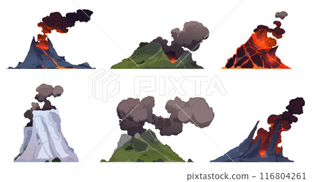 Volcanoes. Mountains eruption with fire lava explosion with smoke. Volcanic magma flow element for computer game landscape. Volcano vector isolated elements 116804261