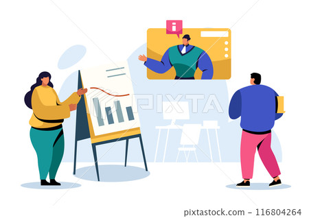 Business team working on project together, vector illustration. Set of company office scenes, men and women interacting and communicating. Business project teamwork, creative workspace concept set 116804264