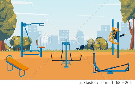 Street workout park. Urban park landscape with street workout zone. Sport playground, outdoor gym equipment. Health and fitness athletic lifestyle vector concept 116804265