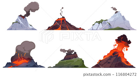 Volcano eruption. Mountains with fire lava explosion with smoke. Volcanic magma flow element for dangerous computer game landscape. Volcanoes vector isolated set Volcano eruption. Mountains with fire lava explosion with smoke. Volcanic magma flow element for dangerous computer game landscape. Volcanoes vector isolated set 116804272