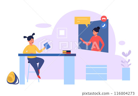 Remote lesson. Young woman studying online. Female is studying English online with a teacher. Concept of distance education, internet training and courses, language school. Cute flat vector concept 116804273