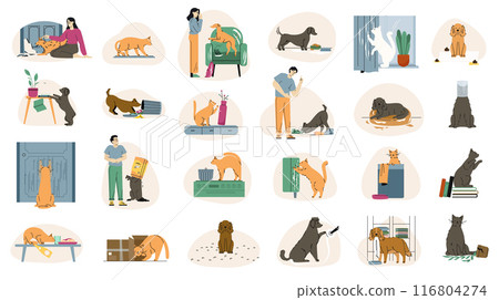 Pets bad behavior. Naughty dog and cat behavior, canine problem activities. Doggy chewing, damage home interior and things. Troubles in pet animals life. Flat vector set isolated on white background 116804274