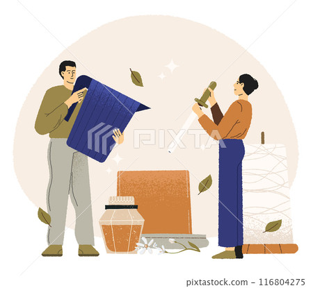 People making candles, home made to aroma. Candle craft, diy handmade, hobby workshop make wax candles vector concept 116804275