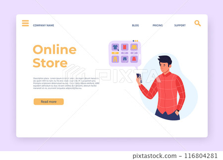 Online shopping landing page. Website design for internet shopping with smartphone app, modern online store ui. E-commerce site vector template Online shopping landing page. Website design for internet shopping with smartphone app, modern online store ui. E-commerce site vector template 116804281