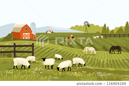 Rural spring landscape countryside with farm field with green grass, flowers, trees. Farmland with house and windmill. With farm animals horse and sheep. Outdoor village scenery. Vector background Rural spring landscape countryside with farm field with green grass, flowers, trees. Farmland with house and windmill. With farm animals horse and sheep. Outdoor village scenery. Vector background 116804289