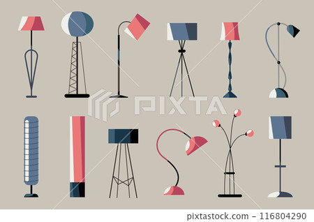 Floor lamp. Light standing furniture interior, light bulb in Scandinavian cozy style vector set. Spotlight electric equipment Floor lamp. Light standing furniture interior, light bulb in Scandinavian cozy style vector set. Spotlight electric equipment 116804290