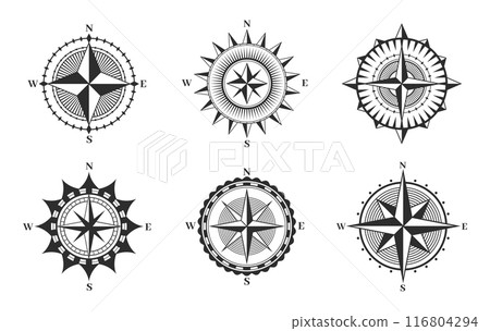 Compass retro emblems. Navigation compass wind rose retro map signs, cartography, journey and adventure symbol. Monochrome outline vintage maritime compasses navigational vector icons set Compass retro emblems. Navigation compass wind rose retro map signs, cartography, journey and adventure symbol. Monochrome outline vintage maritime compasses navigational vector icons set 116804294