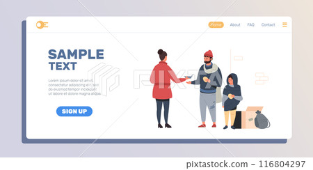 Charity for homeless landing. Charity for poor people web page template with volunteer giving money and food to poor persons. Vector illustration. Begging character outdoor, poverty concept Charity for homeless landing. Charity for poor people web page template with volunteer giving money and food to poor persons. Vector illustration. Begging character outdoor, poverty concept 116804297